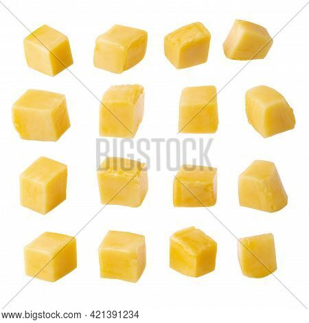 Rip Mango Slice Cubes Cut, Mango Half Cut In Cubes, Fresh Juicy Mango Fruit Isolated On A White Back