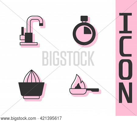 Set Frying Pan, Water Tap, Citrus Fruit Juicer And Stopwatch Icon. Vector