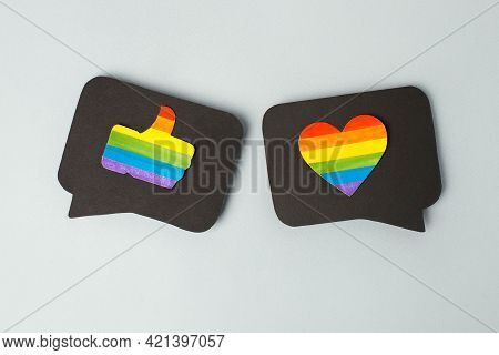 Happy Pride Month Banner For Lgbt Rights Or Social Issues Event. Colorful Rainbow Heart And Thumb Up