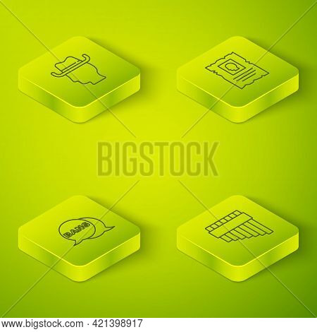 Set Isometric Wanted Western Poster, Bang Boom, Gun Comic, Pan Flute And Cowboy Icon. Vector