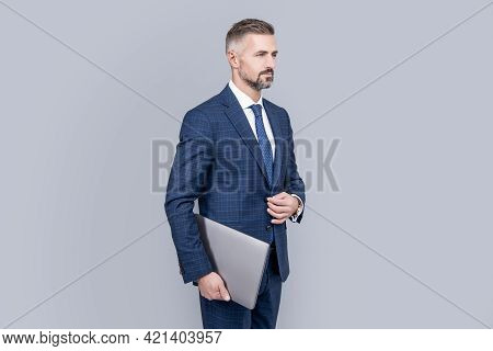 Mature Ambitious Man Businessman In Businesslike Suit Has Grizzled Hair Hold Computer, Home Office