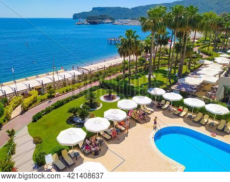 Kemer, Antalya, Turkey - May 11, 2021: Panorama Of Beach Of Golden Lotus 4 Star Hotel