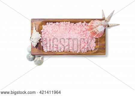 Wooden Tub With Pink Sea Salt With Seashells. Spa. White Background. Isolated