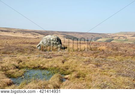 Pennine Landscape With Large Old Boulder Or Standing Stone On Midgley Moor In West Yorkshire