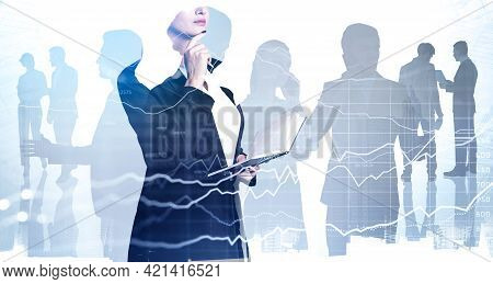 Businesswoman With Hand On Chin Is Checking Her Notes In Notebook. Silhouettes Of Business Partners,