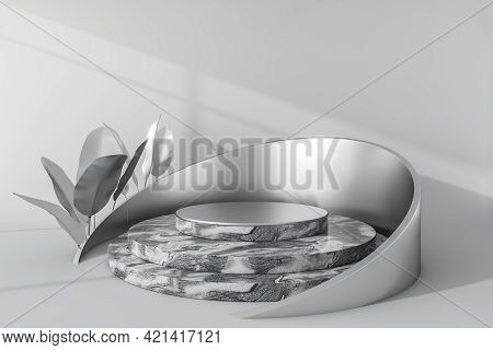 Silver Platform Stand Decoration. Luxury Marble Mockup Stand For Product Display, Advertising Goods.