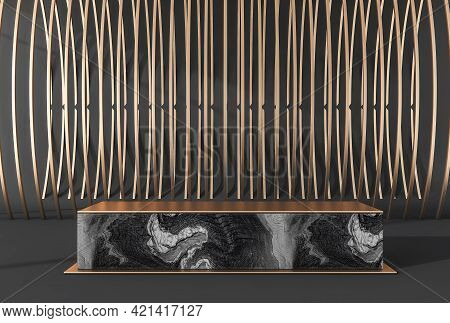 Black And Golden Platform Stand. Luxury Marble Mockup Stand For Product Display, Advertising Goods. 