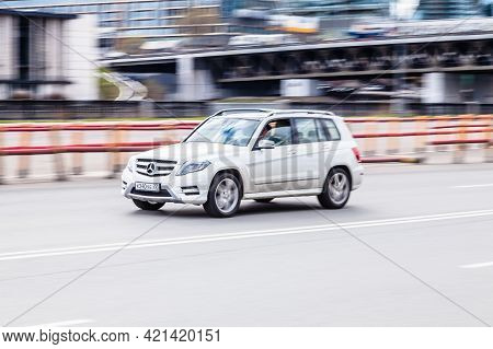 Mercedes Glk Rides On City Road. Overspeed In City Concept. Moscow , Russia - May 2021