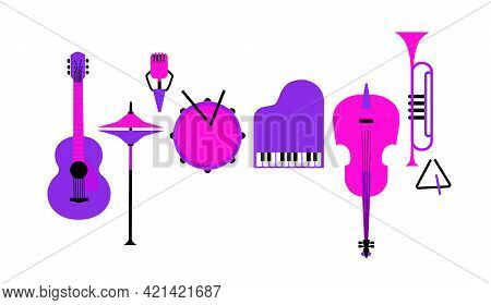 Musical Instruments Flat Color Vector Icon Set. Drum, Piano, Trumpet, Guitar Sign Cartoon Design Ele