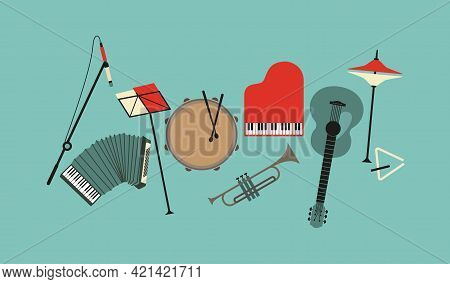 Musical Instruments Flat Color Vector Icon Set. Drum, Piano, Trumpet, Guitar Sign Cartoon Design Ele