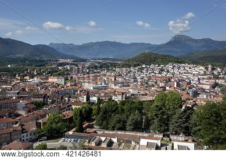 Olot, Spain, May 1, 2020 - View On Town And Garrocha Volcano Nature Park From Volca Montsacopa
