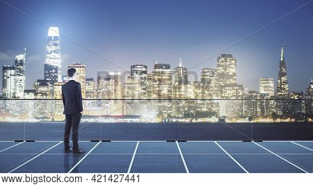 Future Vision Concept Businessman On Top Of Roof And Looking On Night San Francisco Skyline With Lot