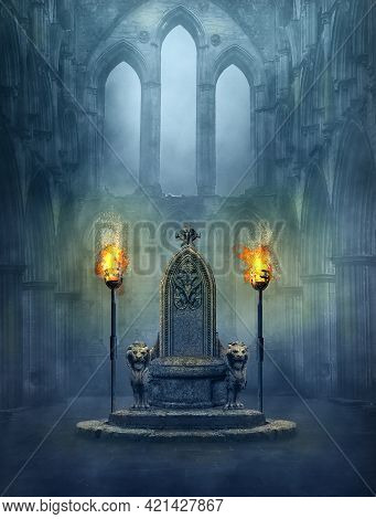 Fantasy Medieval Scene With A Throne And Tourches. Photomanipulation. 3d Rendering