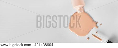 Banner With Mockup Glass Bottle Of Correction Cosmetic Product With Pipette. Spilled Liquid Foundati