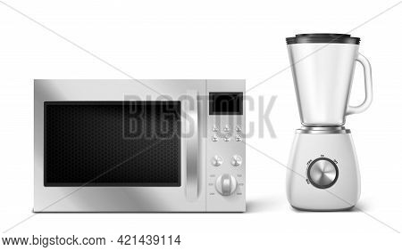 Kitchen Appliances Microwave And Blender. Household Technics With Digital Display, Buttons And Turne