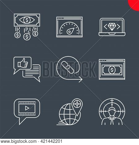 Seo Line Icons Set. Seo Related Vector Icons. Target Audience, Video Marketing, Backlinks, Landing P