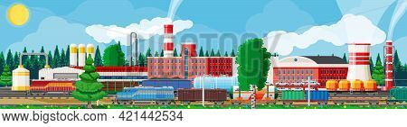Industrial Landscape Of Cargo Rail Transportation With Plant And Fuming Pipes. Factory Building. Pip