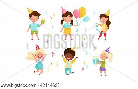 Kid Characters In Birthday Hat At Party Holding Gift Box And Balloons Vector Illustration Set