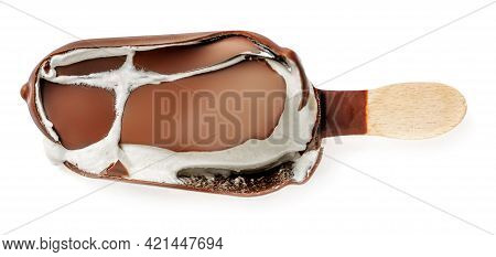 Crushed Stick Ice Cream Isolated On White Background. Vanilla Eskimo Ice-cream Bar. Popsicle And Lol