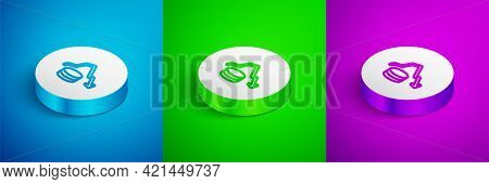 Isometric Line Dollar Rate Decrease Icon Isolated On Blue, Green And Purple Background. Cost Reducti