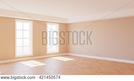Interior Corner With Beige Walls, Parquet Floor, Two Large White Windows And A White Plinth, Illumin