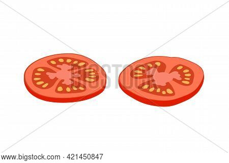 Two Pieces Of Tomato. Isolated Red Colour Tomato. Sliced Tomato. Vector Illustration Isolated On Whi
