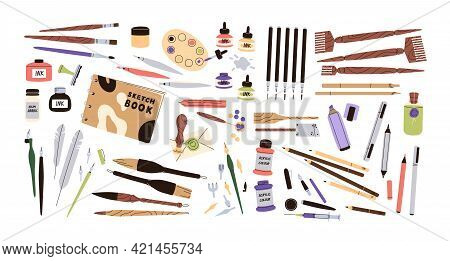 Set Of Calligraphy And Lettering Tool Kit. Different Pens, Pencils, Brushes, Acrylic Paints, Ink Bot