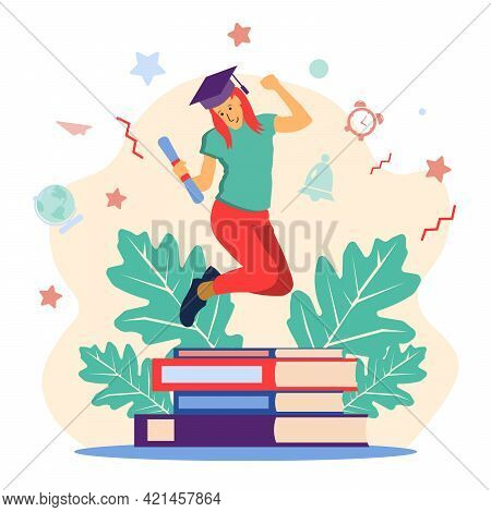 Young Woman Student Jumping With Joy. Diplom And Graduating Cap Flying Up In The Air. Graduate Of Ed
