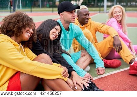 Multi-ethnic Group Teenage Friends. African-american Asian Caucasian Student Spending Time Together 