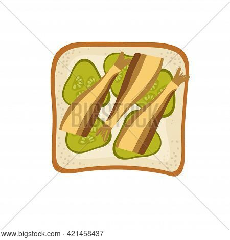 Pickles And Sprots Sandwich. Snack With Small Fish, Bread, Pickles. Overhead View Of Isolated Breakf