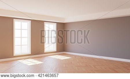 Beautiful Interior Corner With Gray Walls, Parquet Floor, Two Large White Windows And A White Plinth