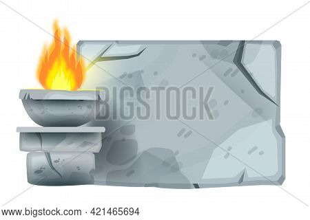 Ancient Stone Sign Board, Vector Cartoon Game Rock Tablet, Cracked Granite Boulder, Fire. Nature Ui 