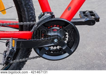 Frame Bottom Bracket Of Modern Bicycle With Crankset And Pedal Assembly, Front Chainrings And Gear C