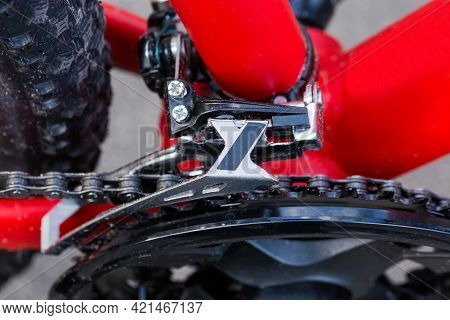 Front Gear Change Mechanism And Crankset With Front Chainrings Of Modern Bicycle, Top View Close-up 