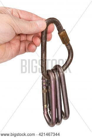 Several Oval Titanium Non-locking​ Carabiner Hang On Old Steel Locking Triangular Shape Carabiner In