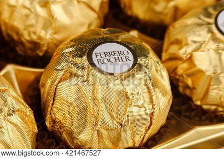 Lviv, Ukraine - May 13, 2021: Ferrero Rocher Chocolates And Sweets