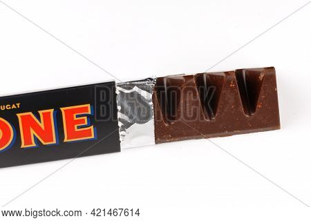 Lviv, Ukraine - May 13, 2021: Tobleron Swiss Dark Chocolate