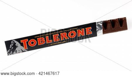 Lviv, Ukraine - May 13, 2021: Tobleron Swiss Dark Chocolate