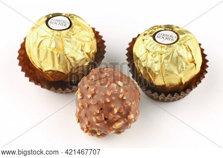 Lviv, Ukraine - May 13, 2021: Ferrero Rocher Chocolates And Sweets