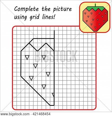 Educational Game For Kids. Simple Exercise Strawberry. Drawing Using Grid. Symmetrical Drawing. Vect