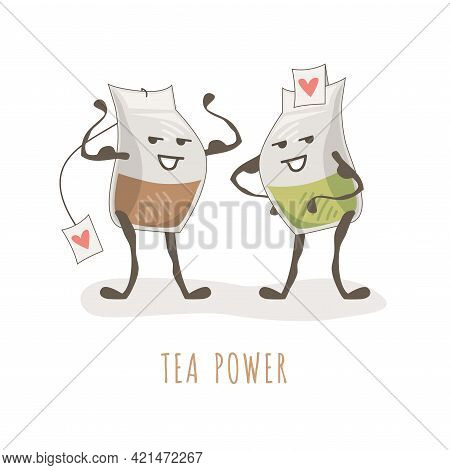 Cute Drawing Of Bodybuilders Tea Bags. Illustration For Tea Lovers. The Power Of Black And Green Tea