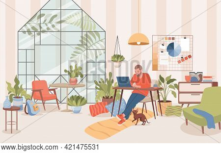 Man Sitting At Home And Working Distance With Laptop Vector Flat Illustration. Freelancer, Remote Wo