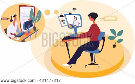 Female Characters Communicating Online, Call Center Hotline. Online Support Worker, Telephone Servic