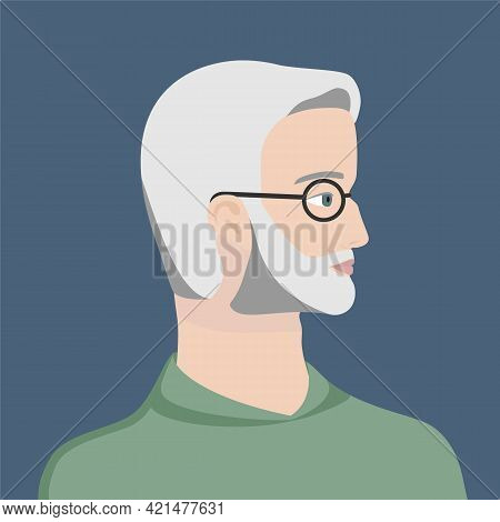Portrait Of A White Haired Old Man With Glasses In Green Sweter. The Head Of A European Old Man In P