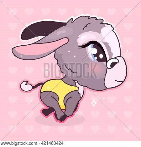 Cute Donkey Kawaii Cartoon Character. Adorable And Funny Animal Running Isolated Sticker, Patch, Gir