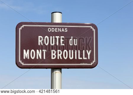 Odenas, France - March 9, 2021: Road Sign With Road Of Mount Brouilly In Odenas Commune Called Route