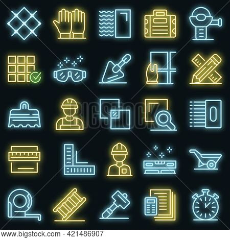 Tiler Icons Set. Outline Set Of Tiler Vector Icons Neon Color On Black