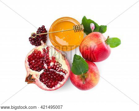 Honey, Pomegranate And Apples On White Background, Top View. Rosh Hashana Holiday