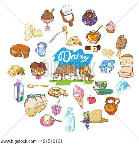 Colorful Drawing Farm Elements Round Concept With Fresh Organic Dairy And Milk Products Isolated Vec