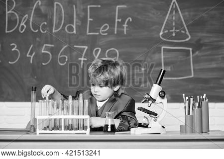 Microscope At Lab. Student Do Science Experiment With Microscope In Lab. Back To School. Pupil Looki